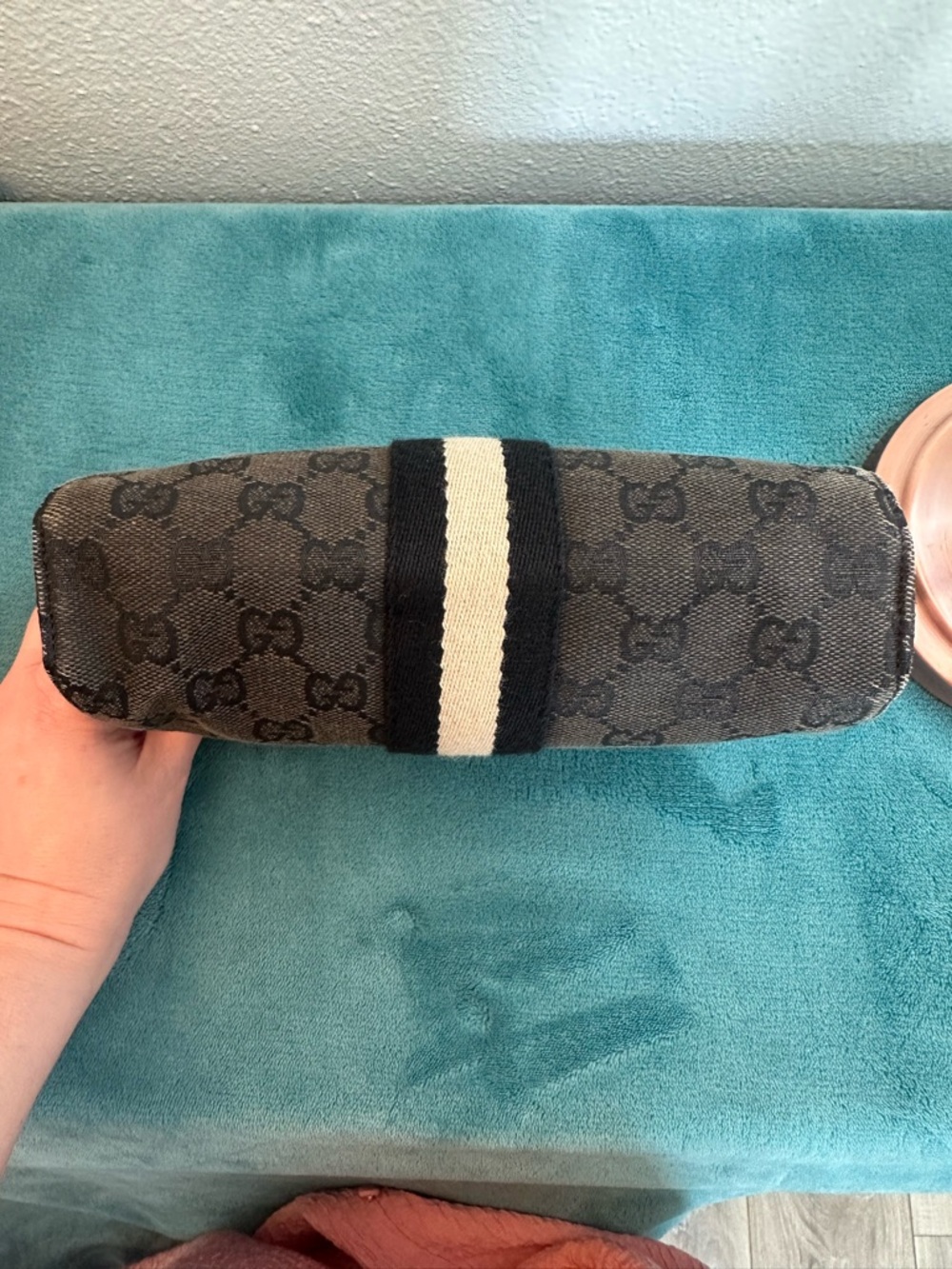 Gucci GG Canvas Web Stripe Cosmetic Bag Pouch Black Beige Auth w/ COA - Picture 6 of 10